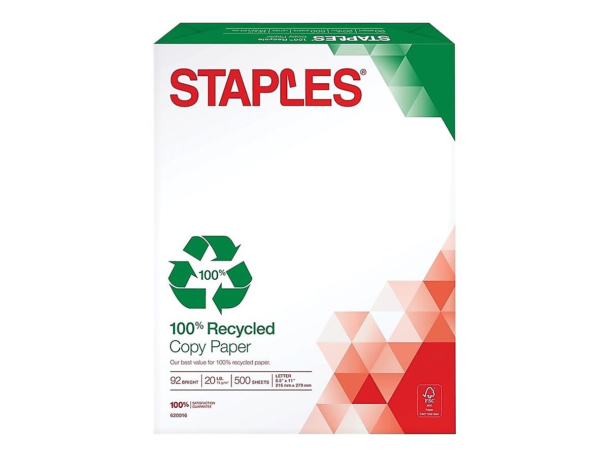 Staples 100% Recycled 8.5" x 11" Copy Paper, 20 lbs., 92 Brightness, 500/Ream