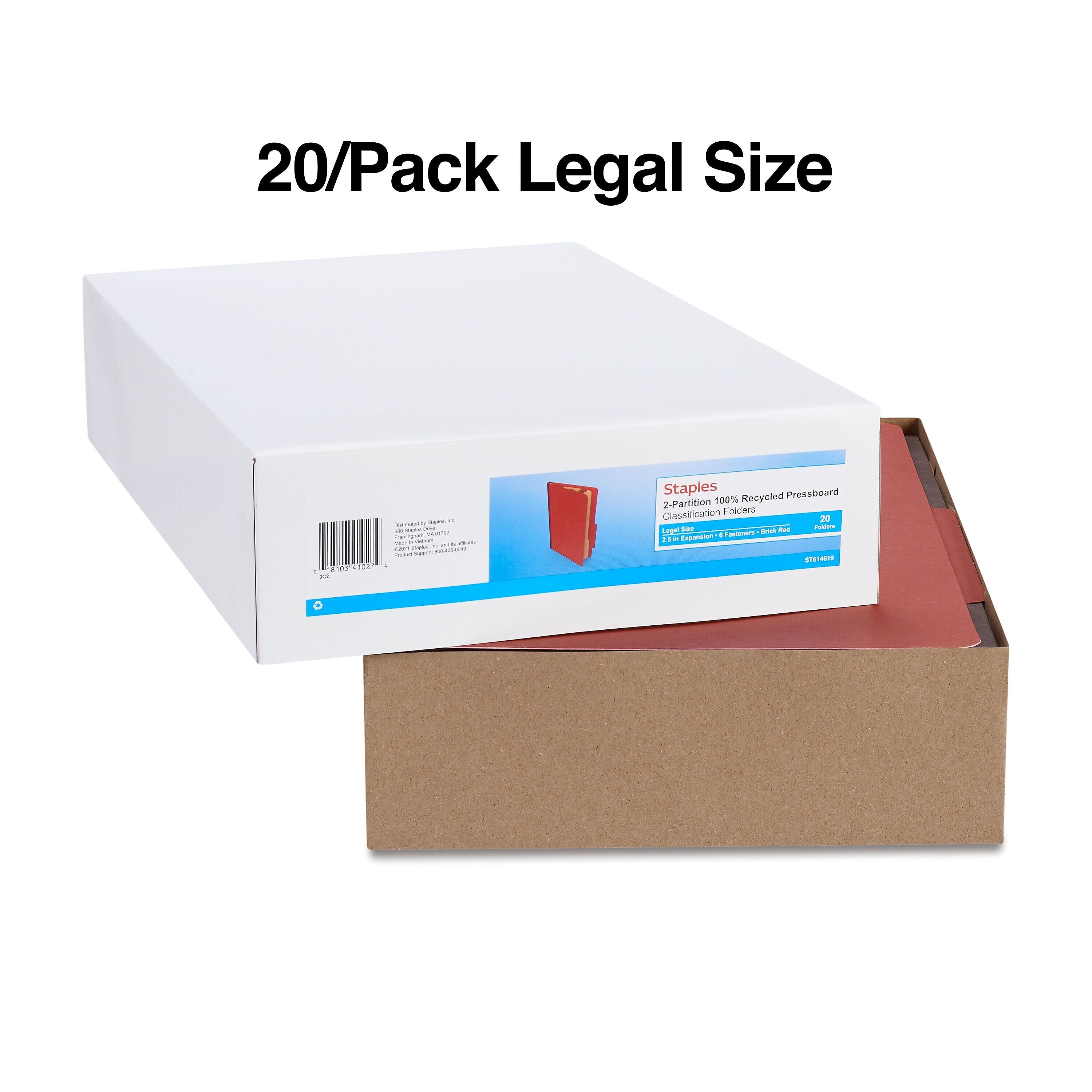 Staples® 100% Recycled Classification Folder, 2-Dividers, 2 1/2" Expansion, Legal Size, Red, 20/Box