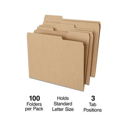 Staples® 100% Recycled File Folder, 1/3-Cut Tab, Letter Size, Kraft, 100/Box