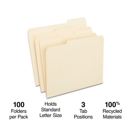 Staples® 100% Recycled File Folders, 1/3-Cut Tab, Letter Size, 100/Box