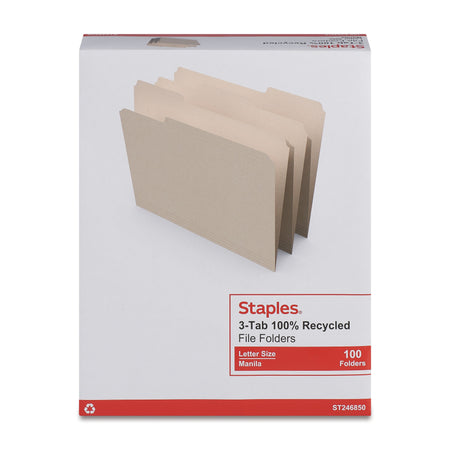 Staples® 100% Recycled File Folders, 1/3-Cut Tab, Letter Size, 100/Box