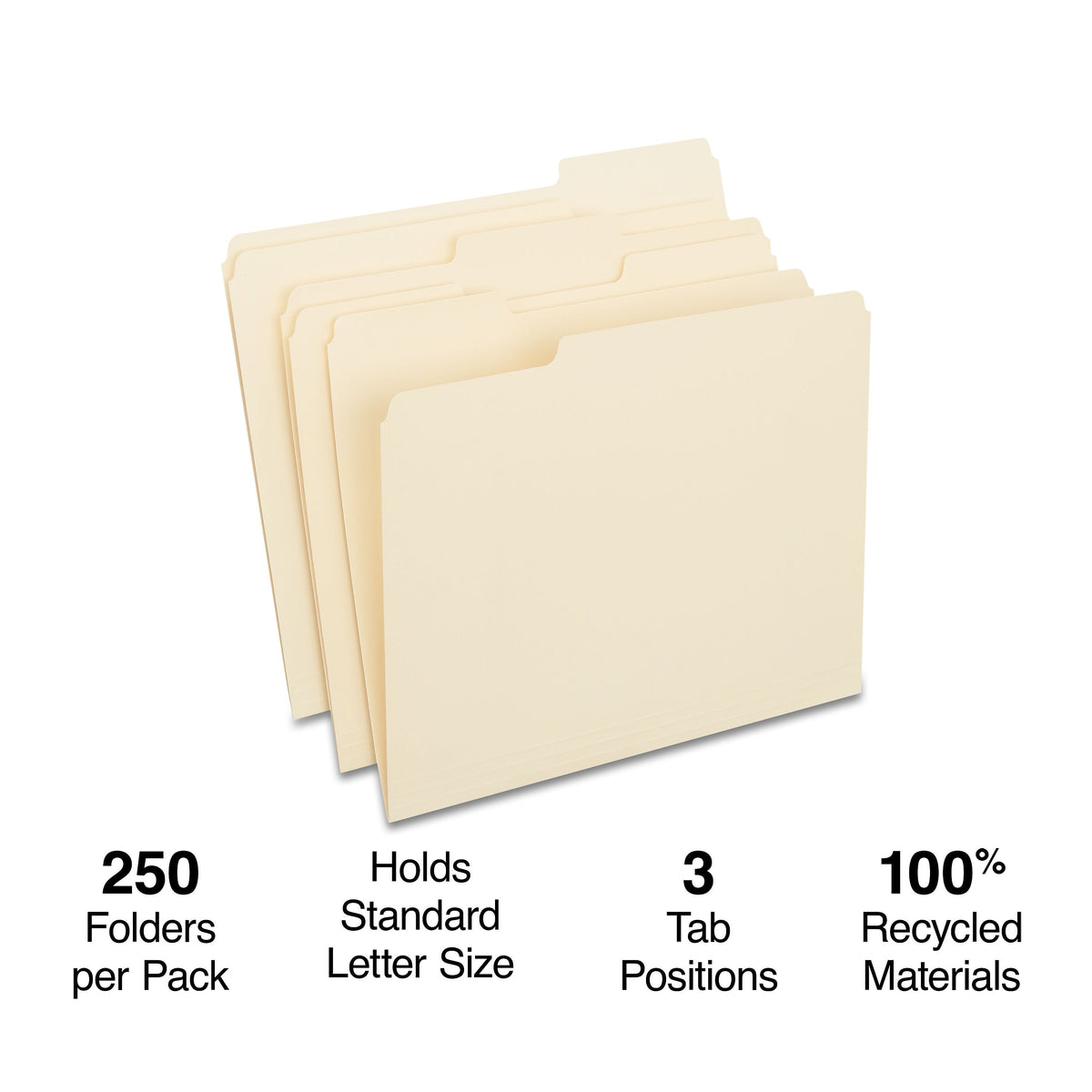 Staples® 100% Recycled File Folders, 1/3-Cut Tab, Letter Size, Manila, 250/Box