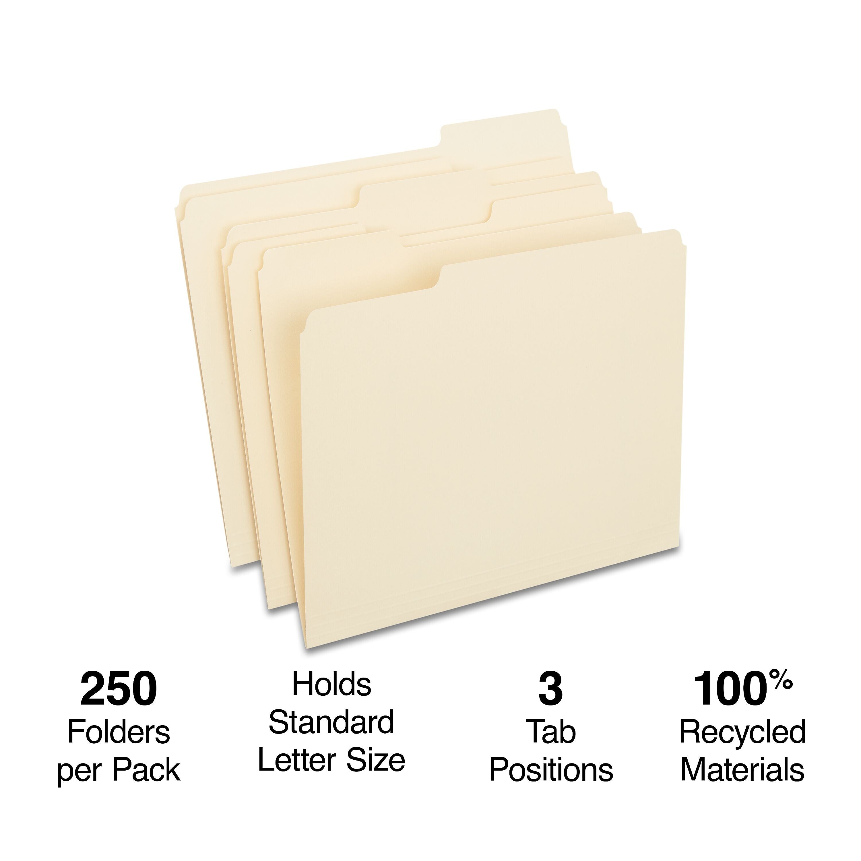 Staples 100% Recycled File Folders, 1/3-Cut Tab, Letter Size, Manila, 250/Box