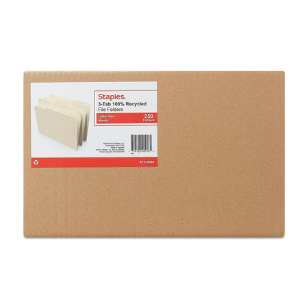 Staples 100% Recycled File Folders, 1/3-Cut Tab, Letter Size, Manila, 250/Box