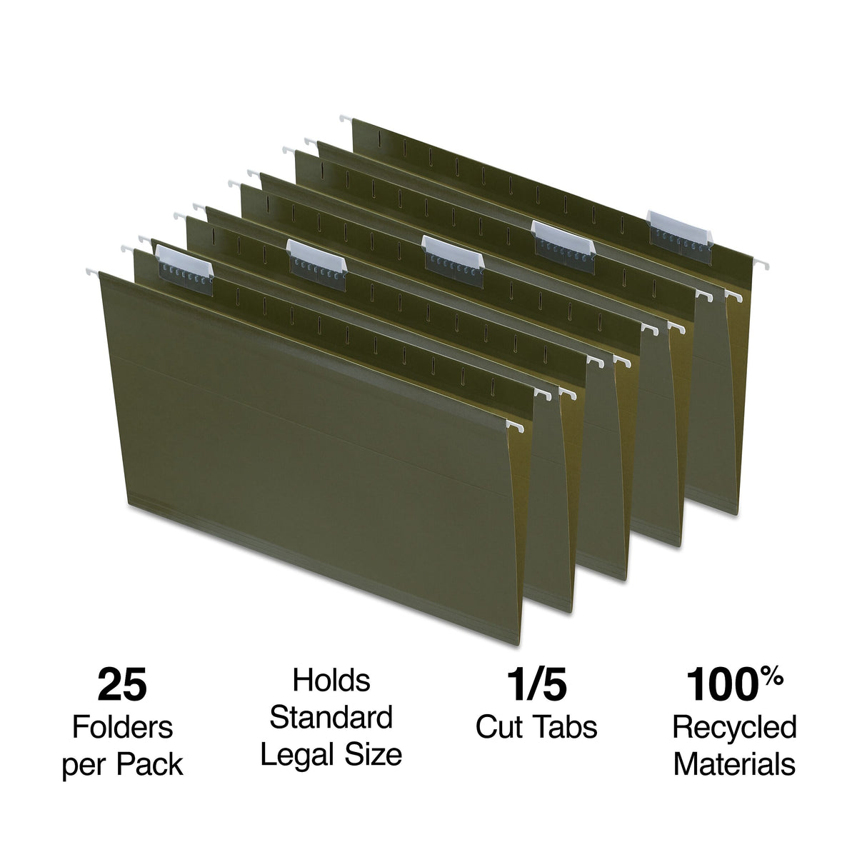 Staples 100% Recycled Hanging File Folder, 1/5-Cut Tab, Legal Size, Standard Green, 25/Box