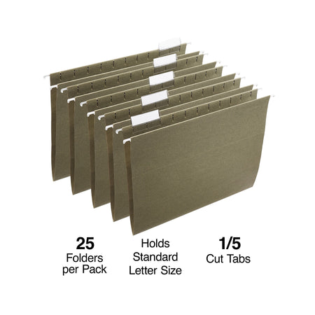 Staples® 100% Recycled Hanging File Folders, Letter, 1/5-Cut Tab, Letter Size, Standard Green, 25/Box