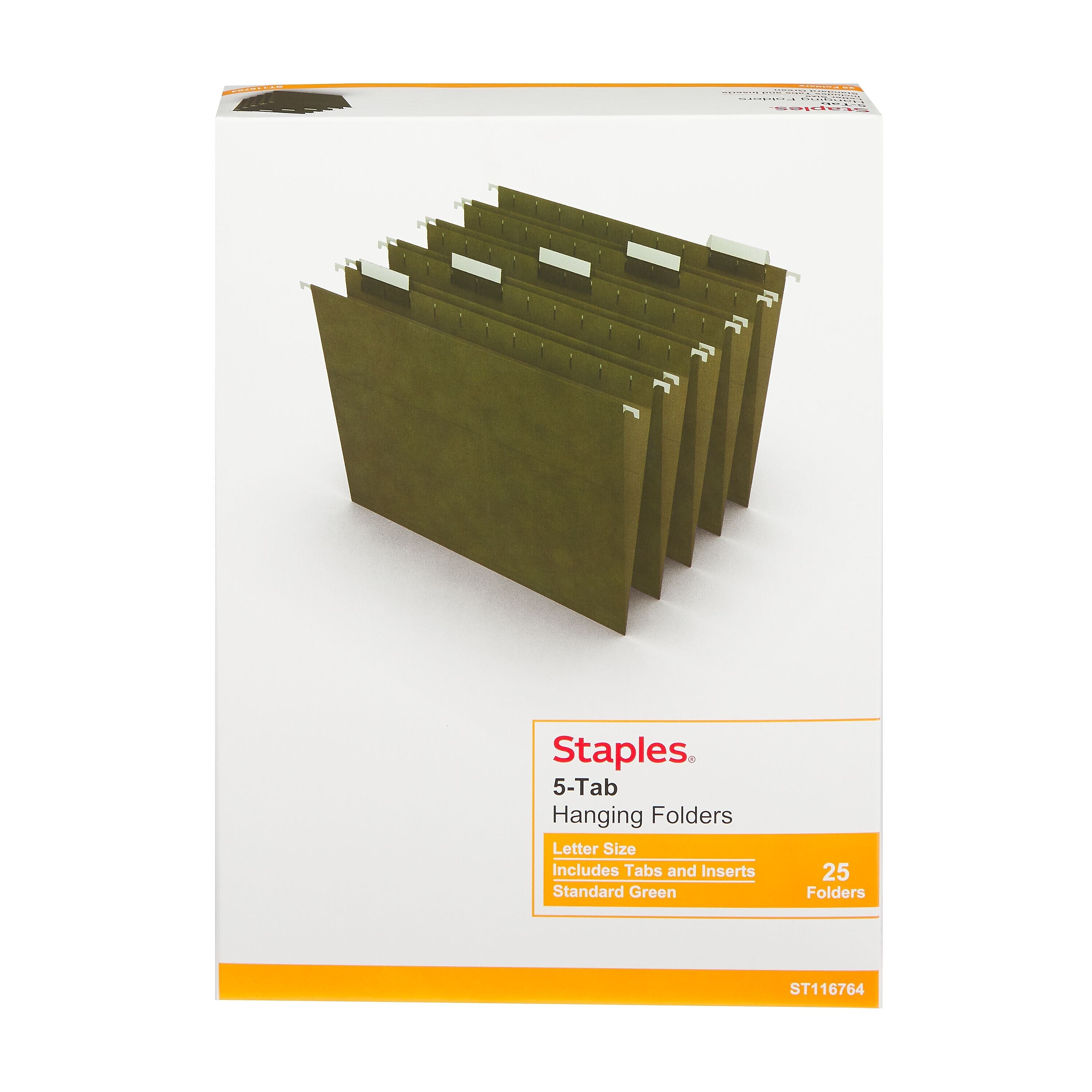 Staples® 100% Recycled Hanging File Folders, Letter, 1/5-Cut Tab, Letter Size, Standard Green, 25/Box