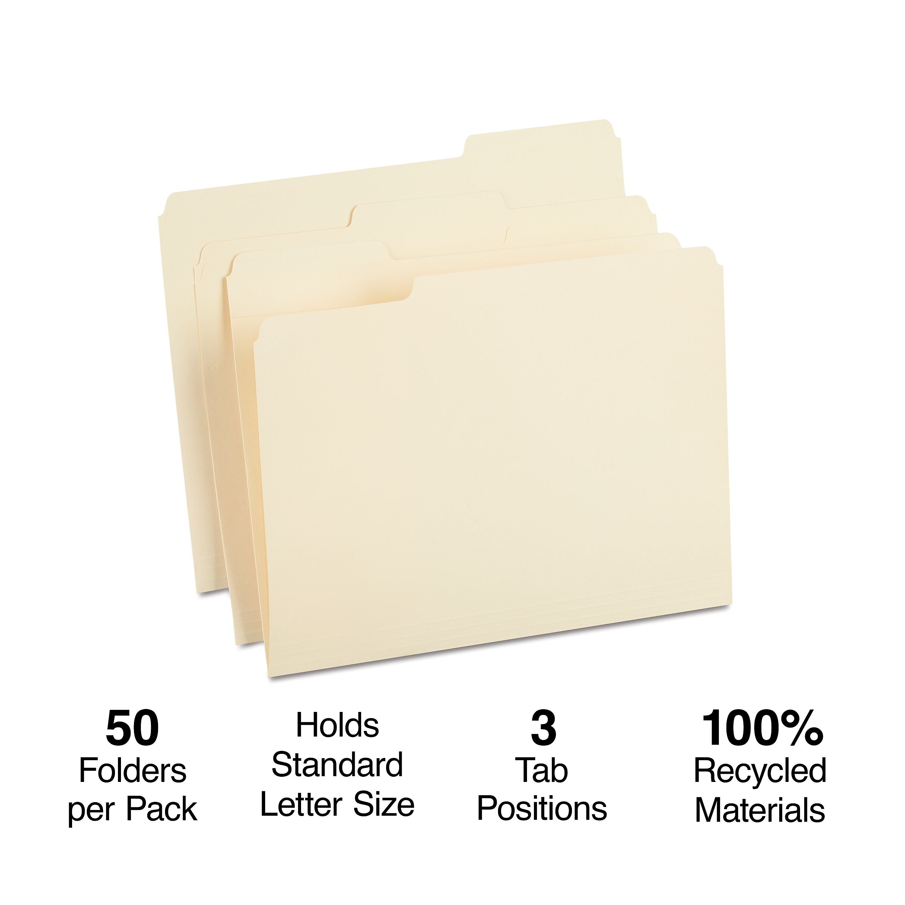 Staples 100% Recycled Heavyweight Reinforced File Folders, 1/3-Cut Tab, Letter Size, Manila, 50/Box