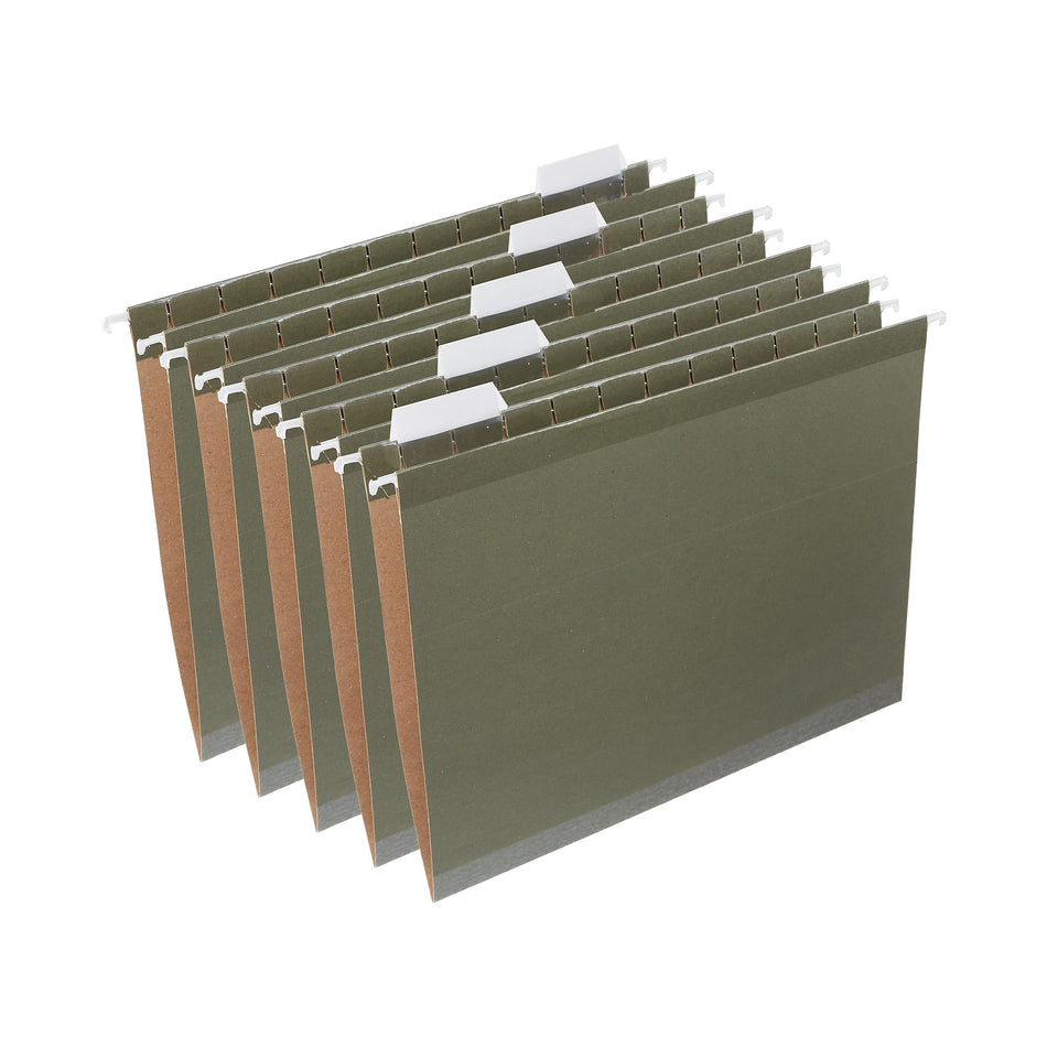 Staples 100% Recycled Reinforced Hanging File Folder, 1/5-Cut Tab, Letter Size, Standard Green, 25/Box