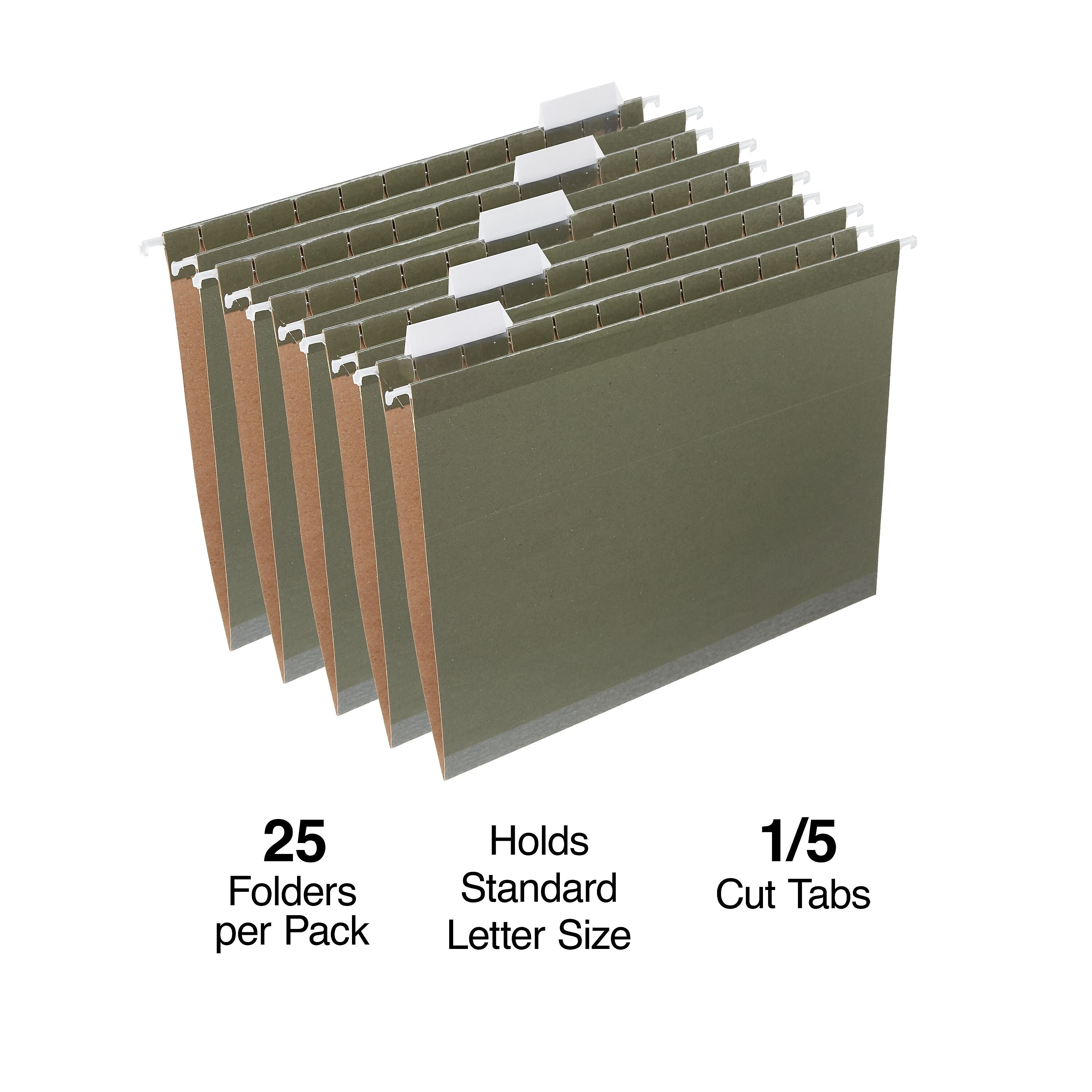 Staples 100% Recycled Reinforced Hanging File Folder, 1/5-Cut Tab, Letter Size, Standard Green, 25/Box