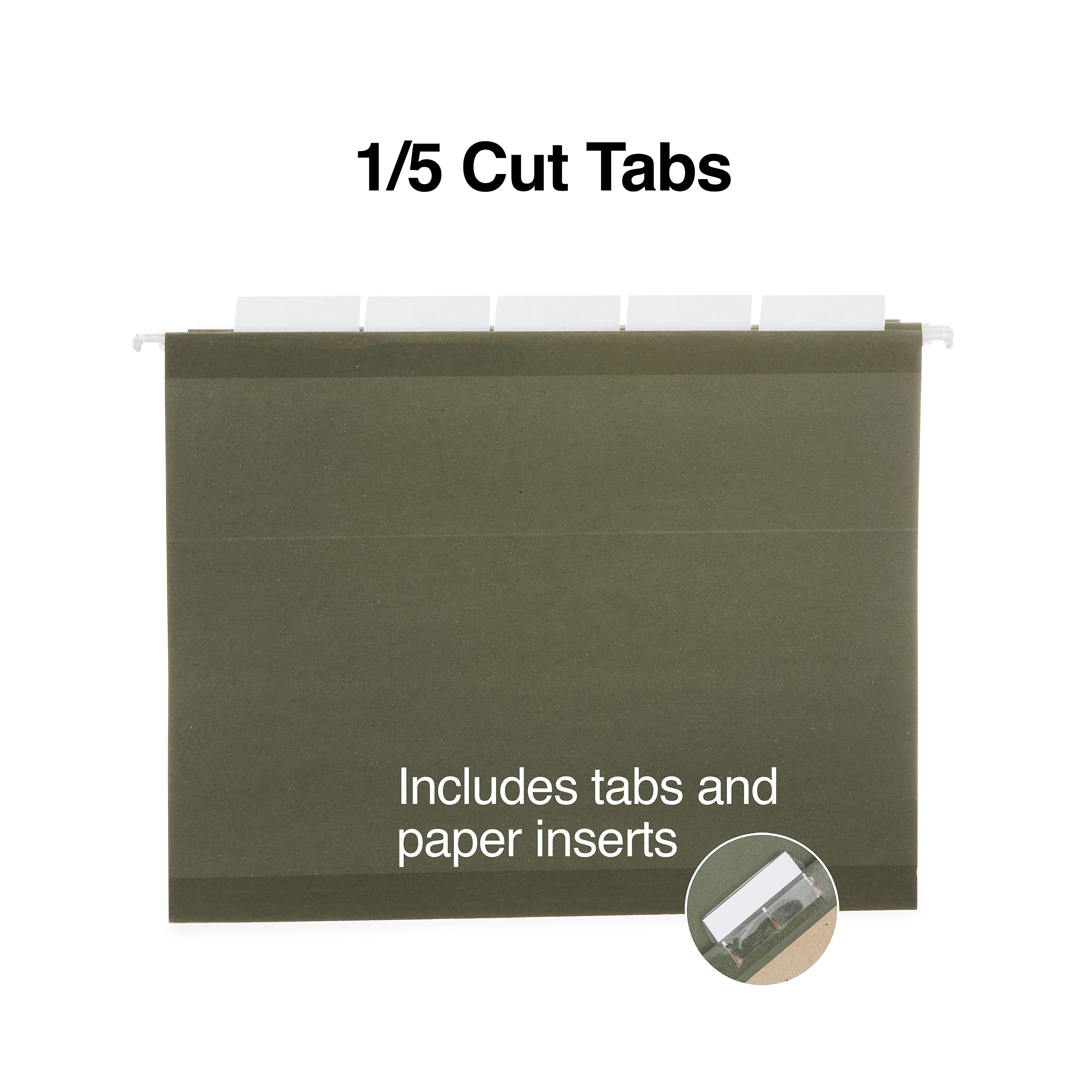 Staples 100% Recycled Reinforced Hanging File Folder, 1/5-Cut Tab, Letter Size, Standard Green, 25/Box