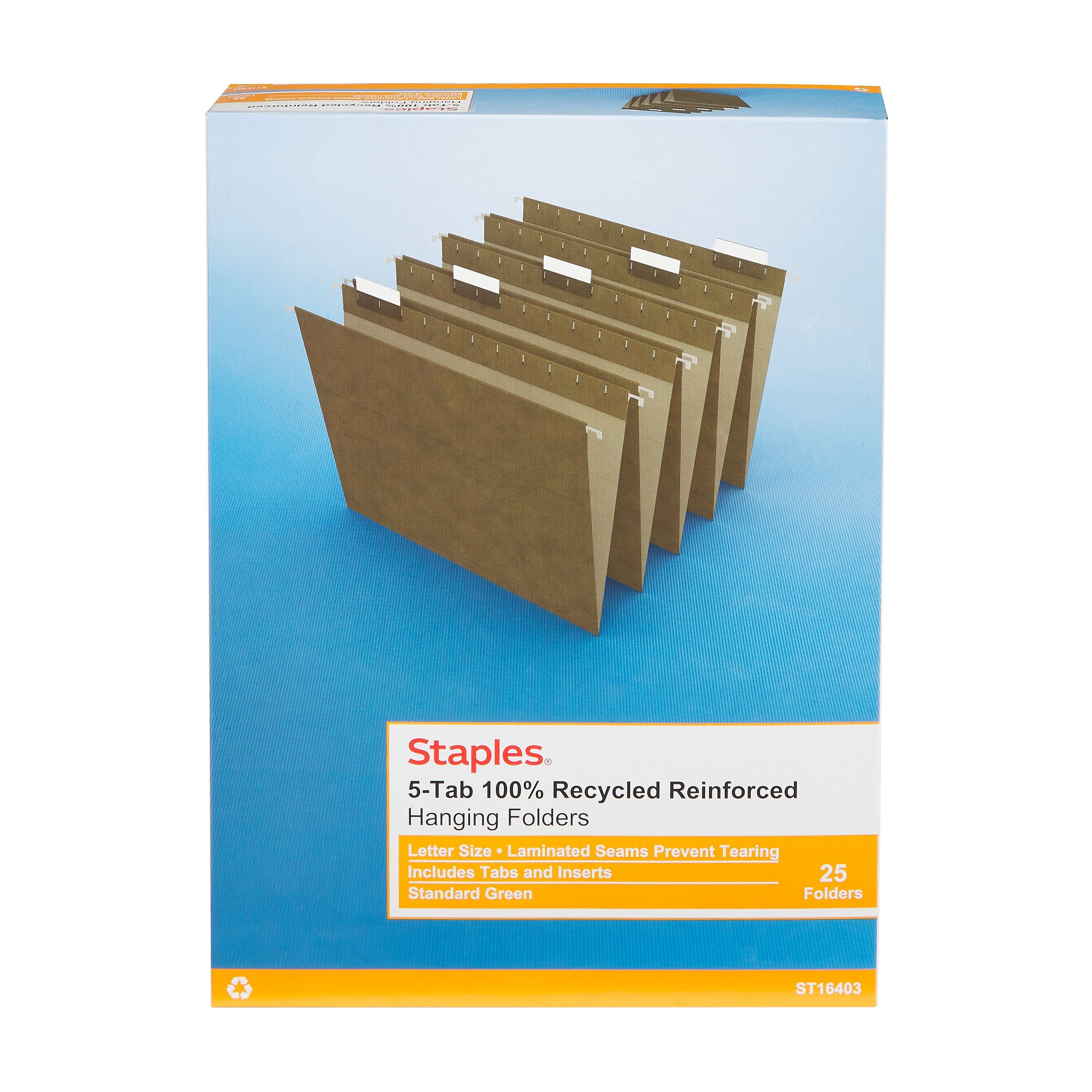 Staples 100% Recycled Reinforced Hanging File Folder, 1/5-Cut Tab, Letter Size, Standard Green, 25/Box