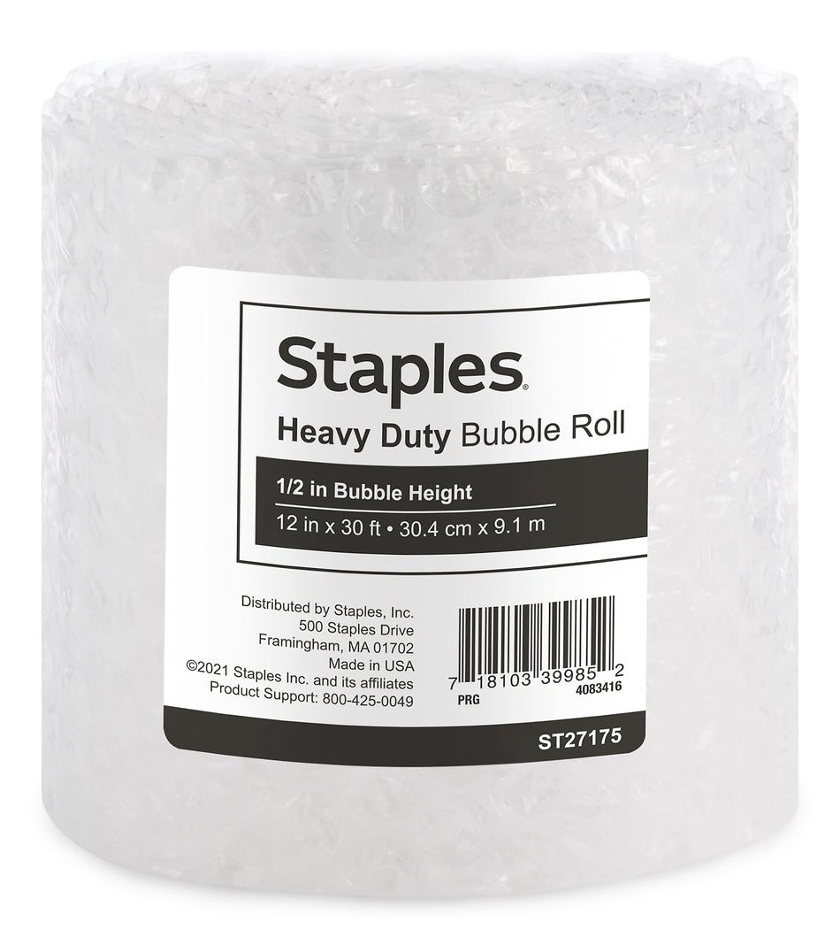 Staples 1/2" Bubble Roll, 12" x 30', Clear