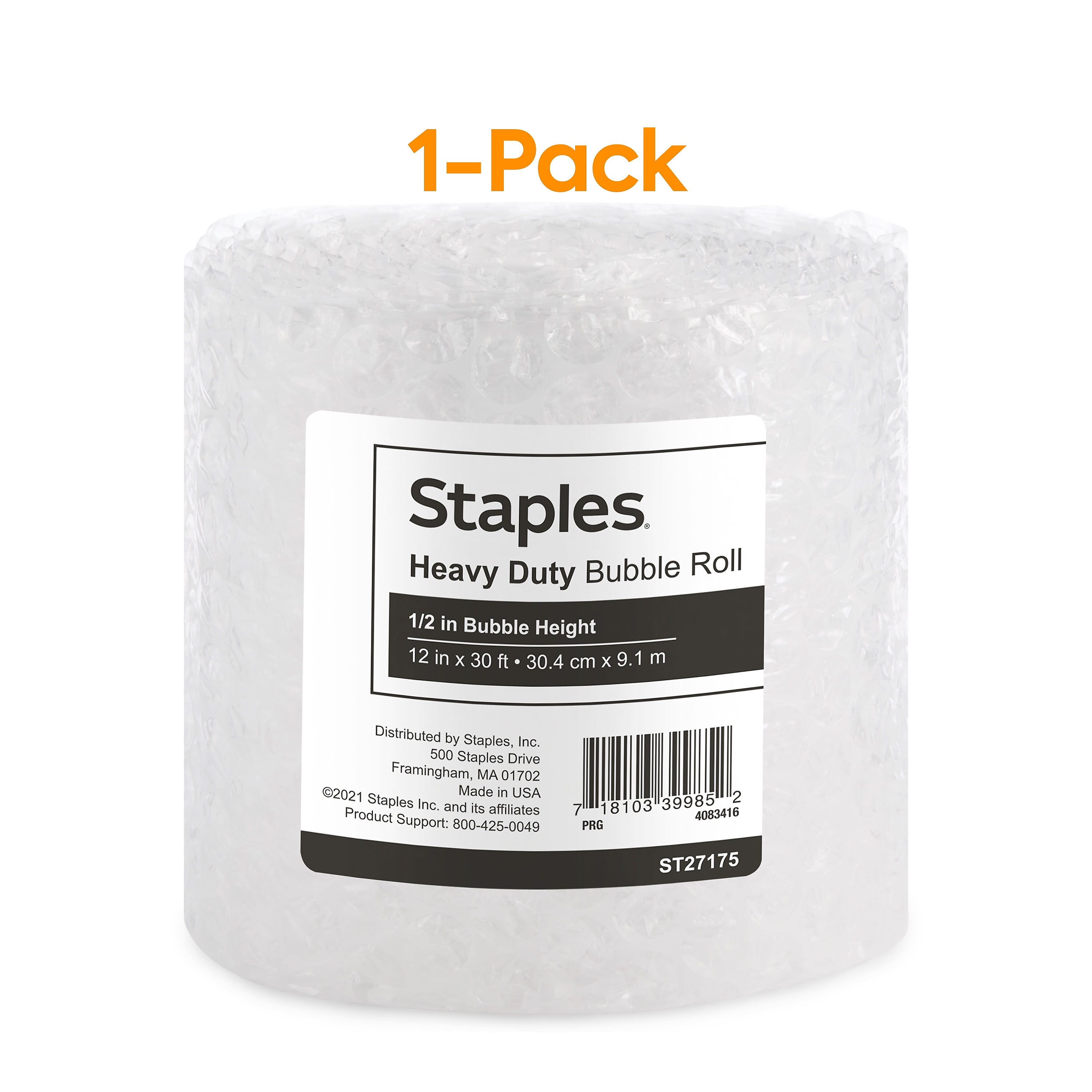 Staples 1/2" Bubble Roll, 12" x 30', Clear