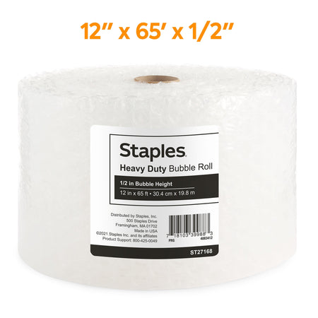 Staples 1/2" Bubble Roll, 12" x 65', Clear