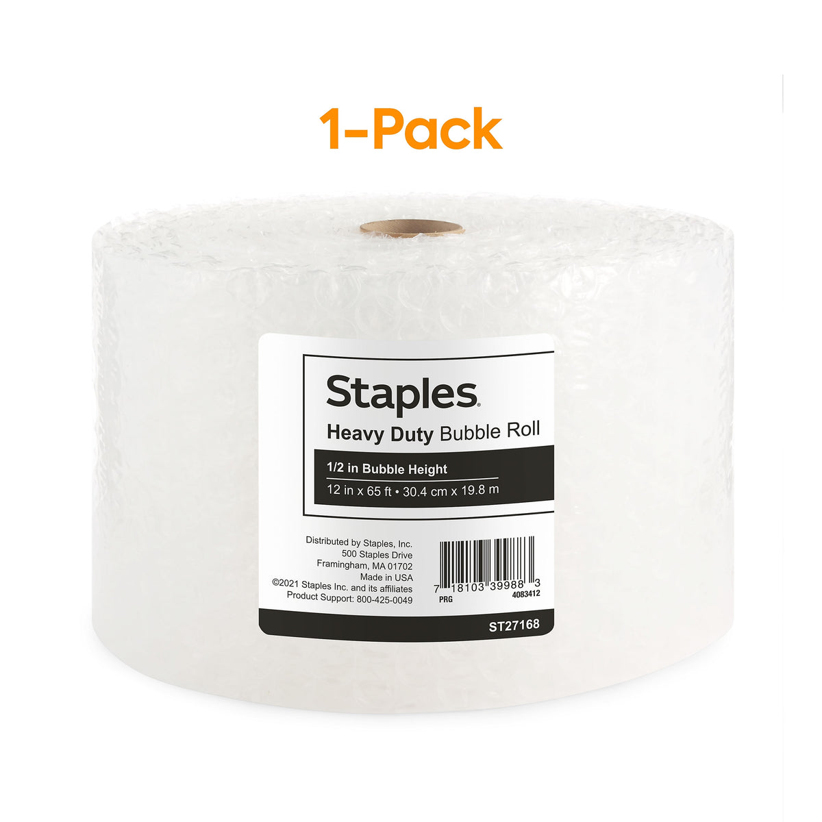 Staples 1/2" Bubble Roll, 12" x 65', Clear