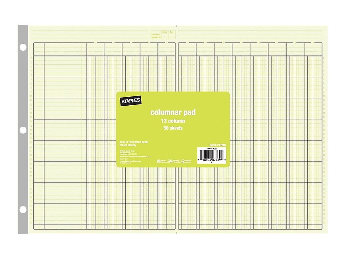 Staples 13 Columns Columnar Book, 16.31"W x 11"H, Green