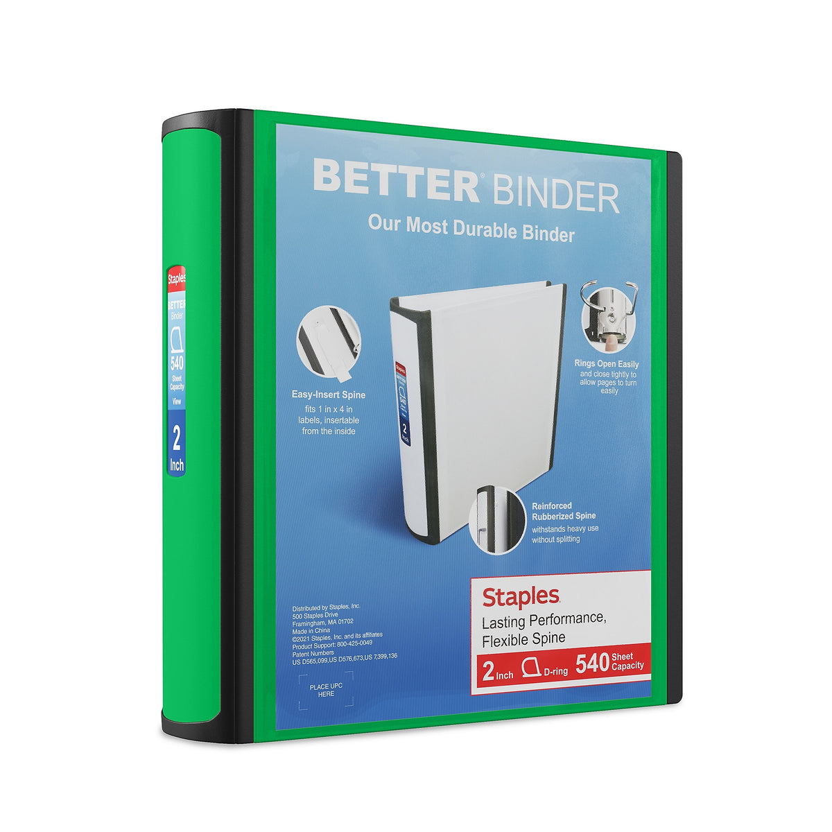 Staples 2" 3-Ring Better Binder, D-Ring, Green