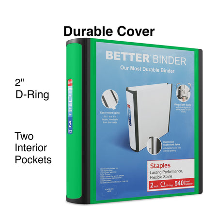 Staples 2" 3-Ring Better Binder, D-Ring, Green