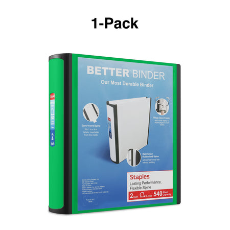 Staples 2" 3-Ring Better Binder, D-Ring, Green