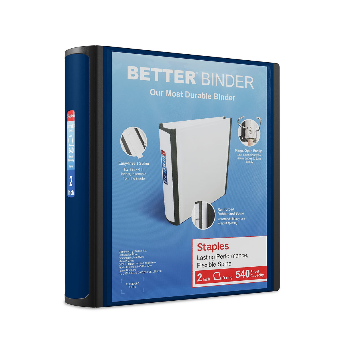 Staples 2" 3-Ring Better Binder, D-Ring, Navy Blue