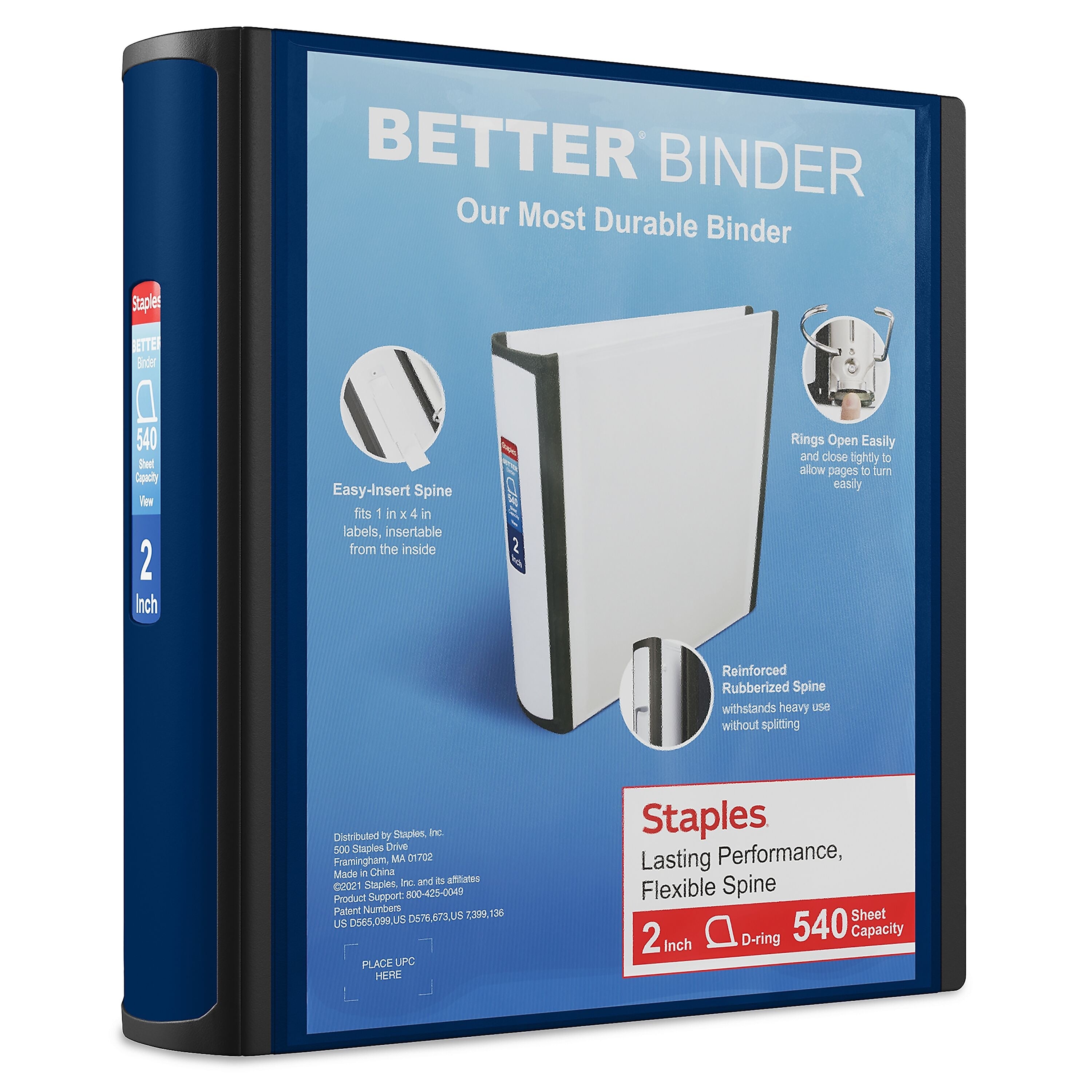 Staples 2" 3-Ring Better Binder, D-Ring, Navy Blue