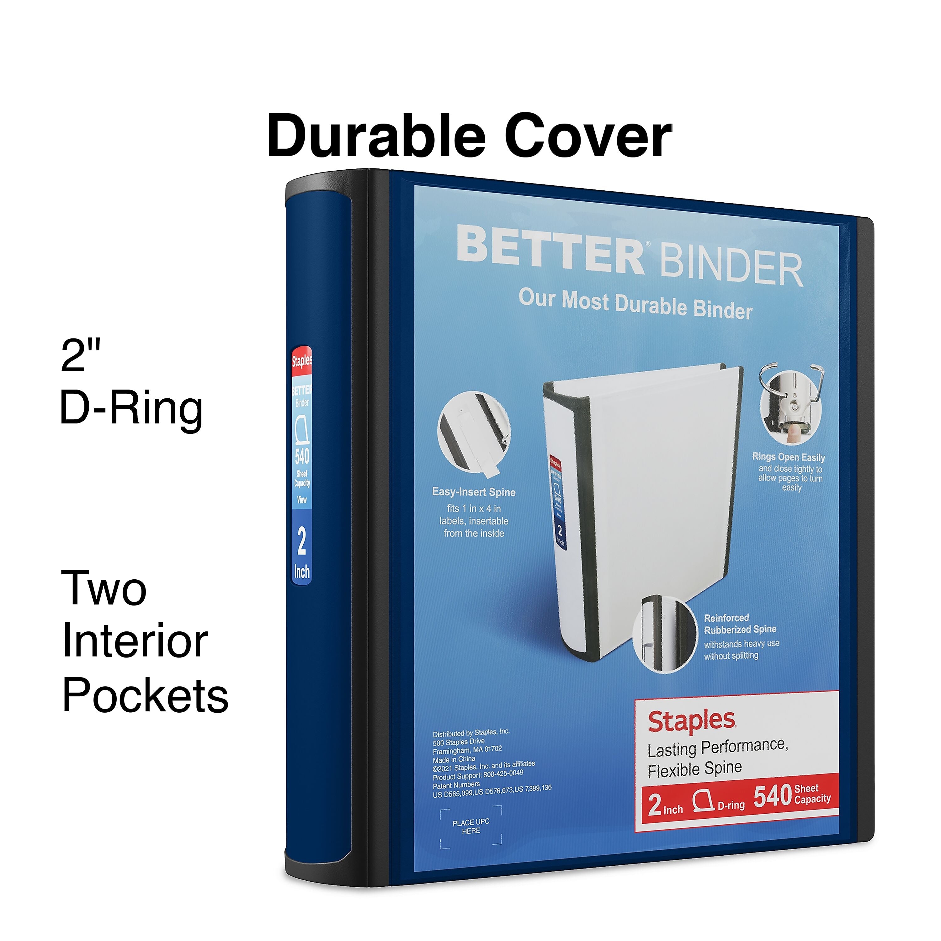 Staples 2" 3-Ring Better Binder, D-Ring, Navy Blue