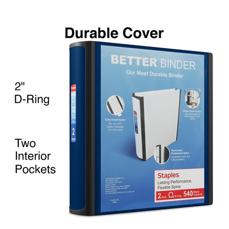 Staples 2" 3-Ring Better Binder, D-Ring, Navy Blue