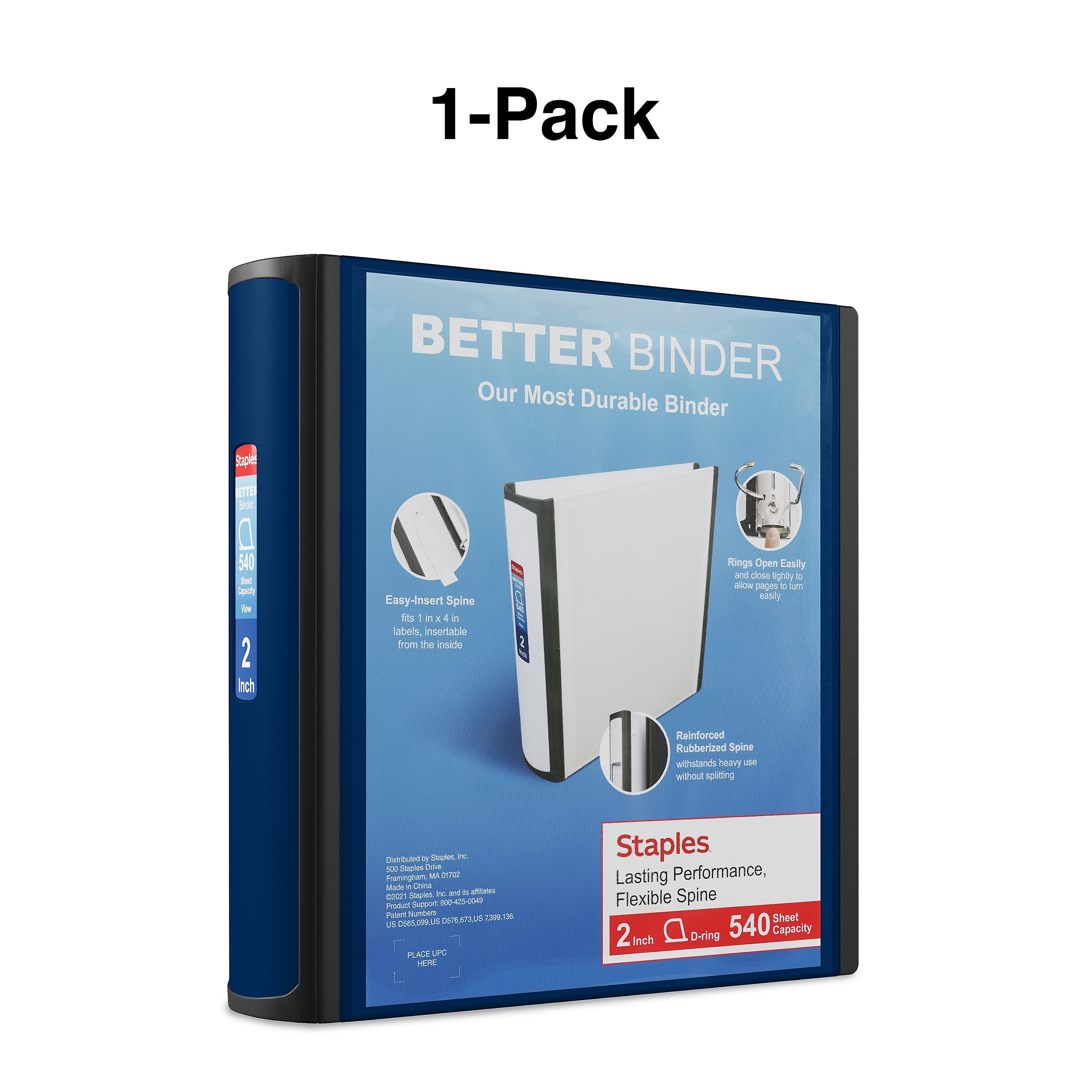 Staples 2" 3-Ring Better Binder, D-Ring, Navy Blue