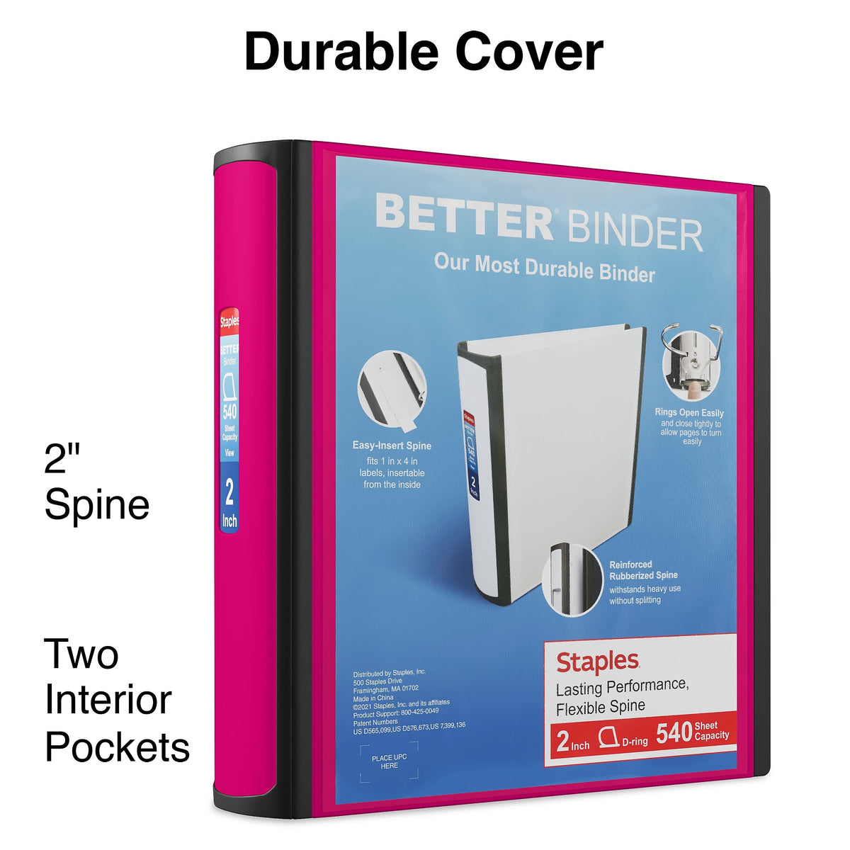 Staples 2" 3-Ring Better Binder, D-Ring, Pink