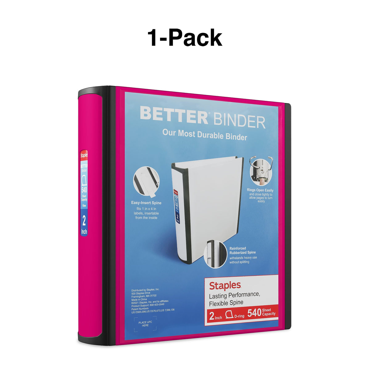 Staples 2" 3-Ring Better Binder, D-Ring, Pink