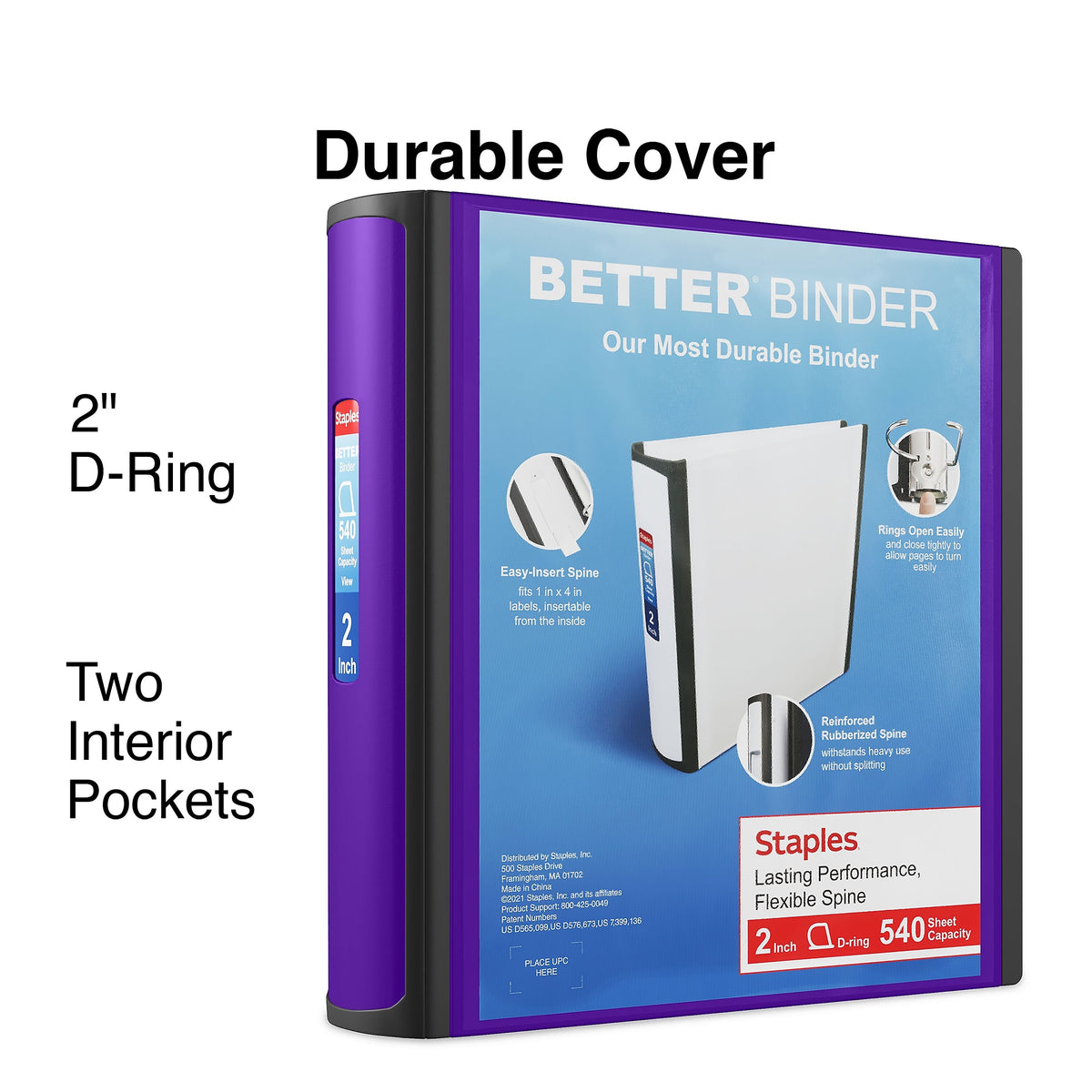 Staples 2" 3-Ring Better Binder, D-Ring, Purple