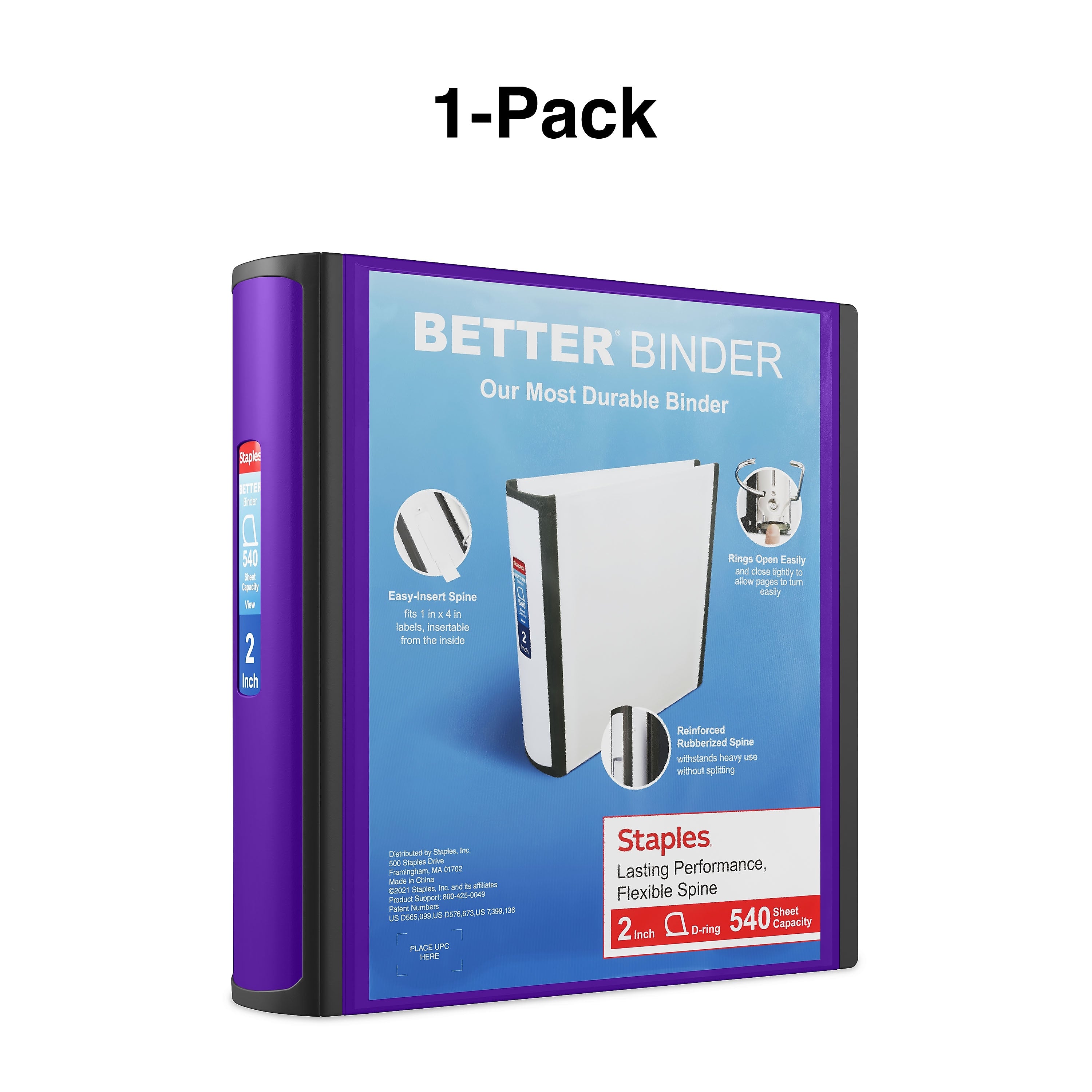 Staples 2" 3-Ring Better Binder, D-Ring, Purple