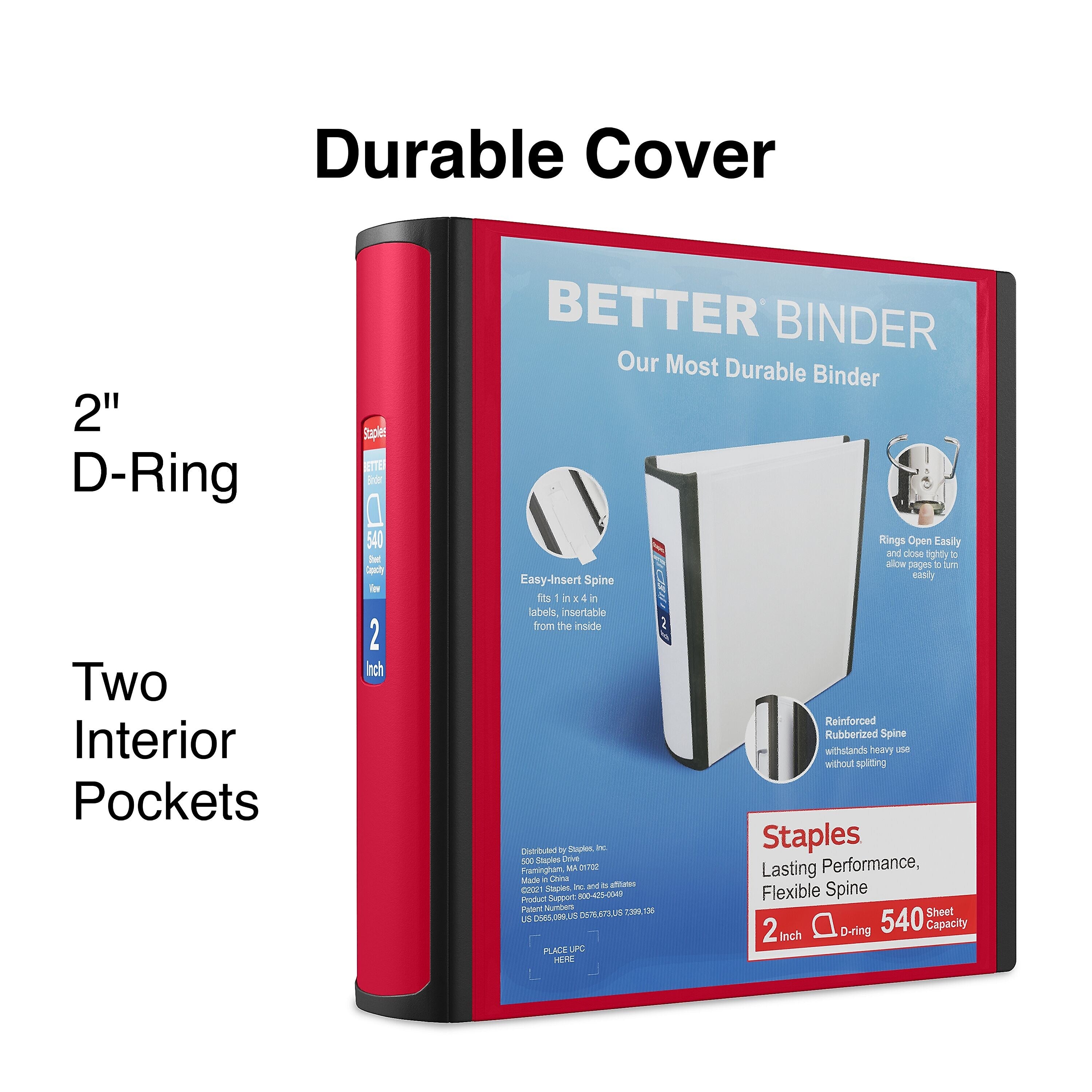 Staples 2" 3-Ring Better Binder, D-Ring, Red