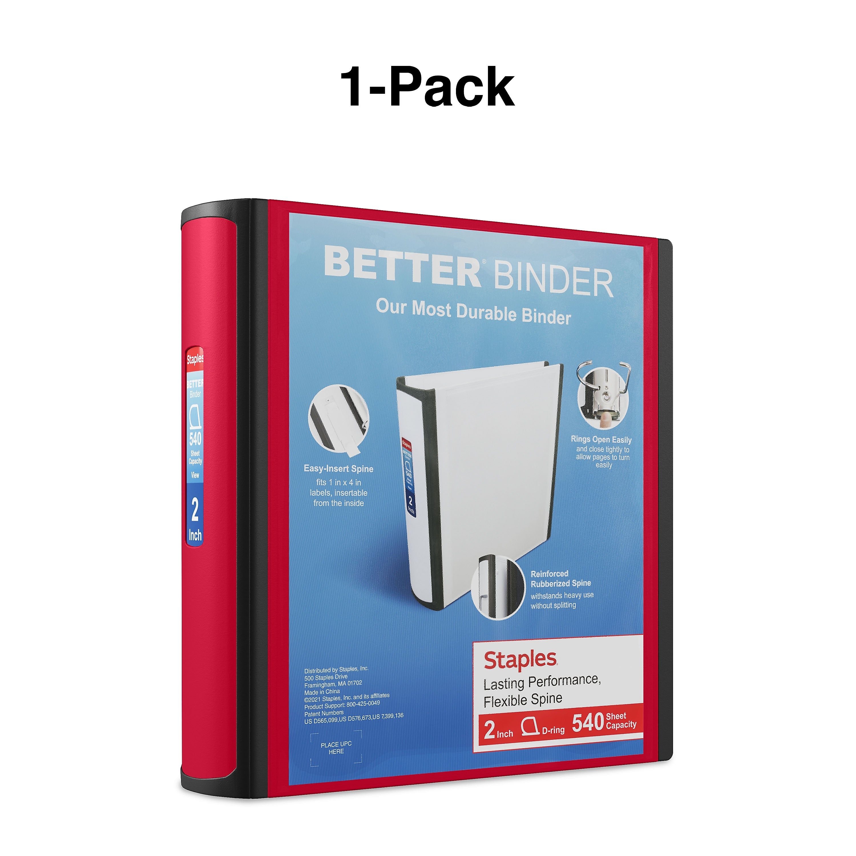 Staples 2" 3-Ring Better Binder, D-Ring, Red