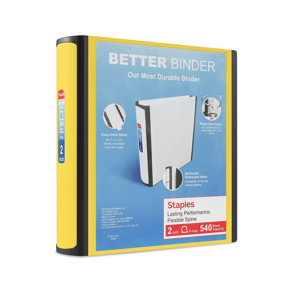 Staples 2" 3-Ring Better Binder, D-Ring, Yellow