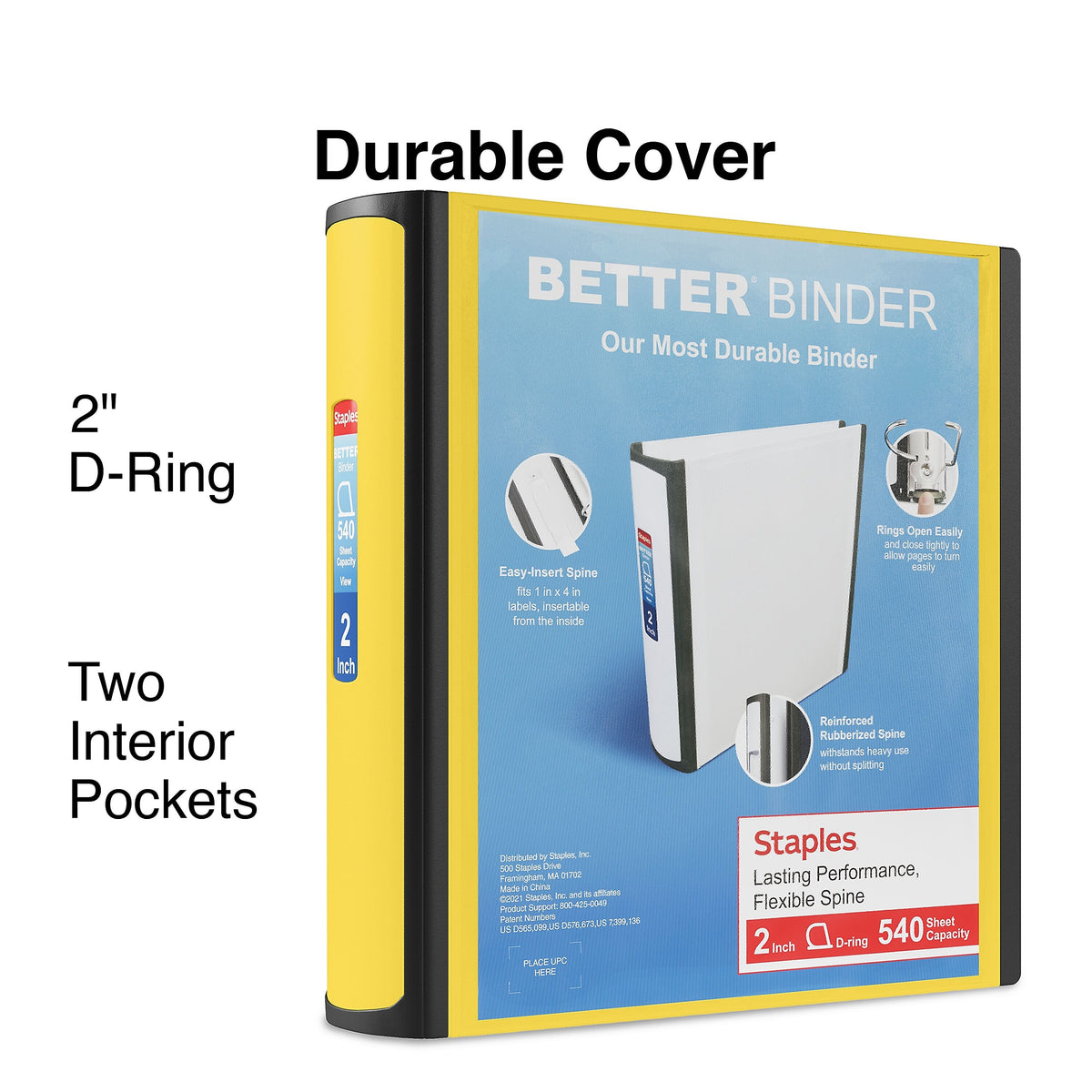 Staples 2" 3-Ring Better Binder, D-Ring, Yellow