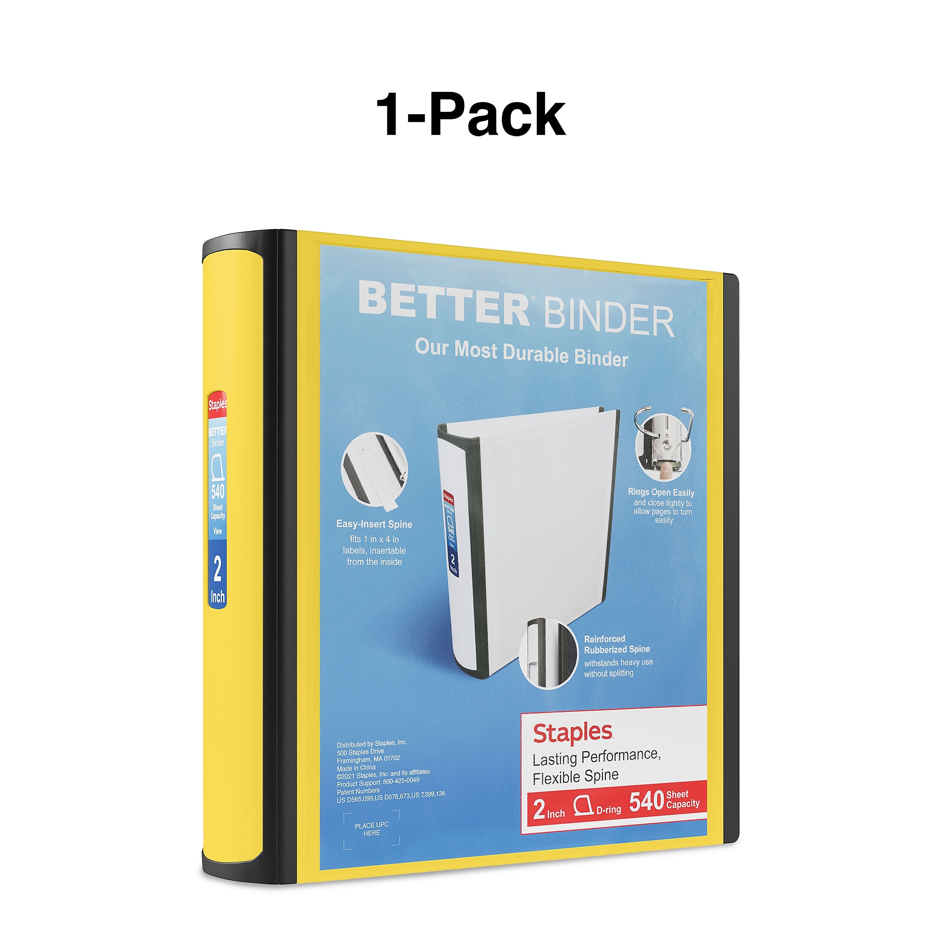 Staples 2" 3-Ring Better Binder, D-Ring, Yellow