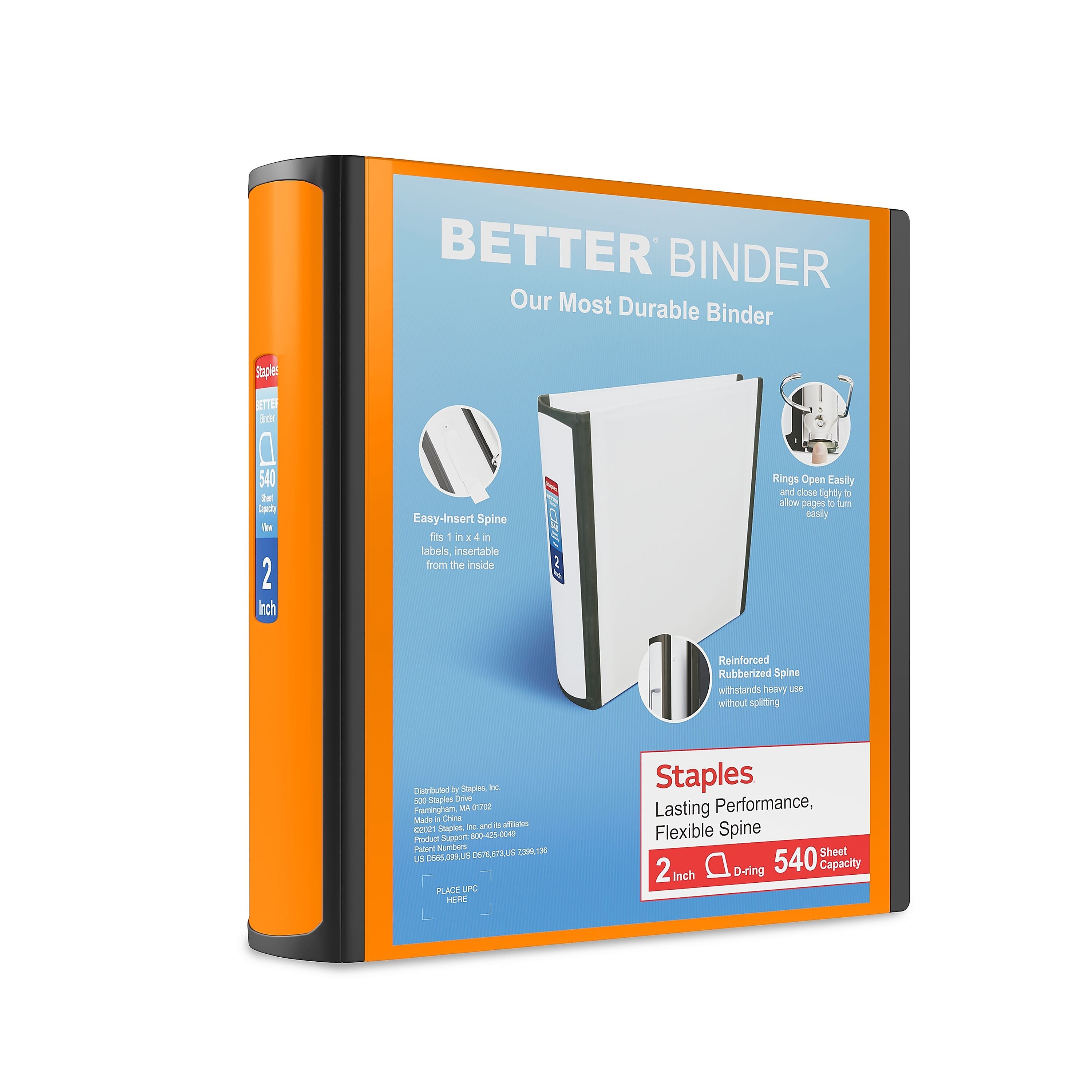 Staples 2" 3-Ring Better Binder, Slant Ring, Bright Orange