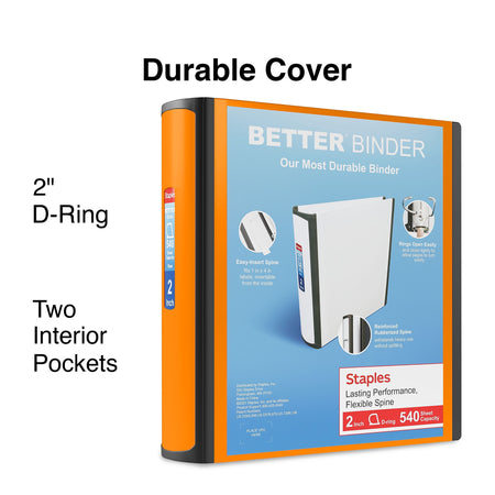 Staples 2" 3-Ring Better Binder, Slant Ring, Bright Orange