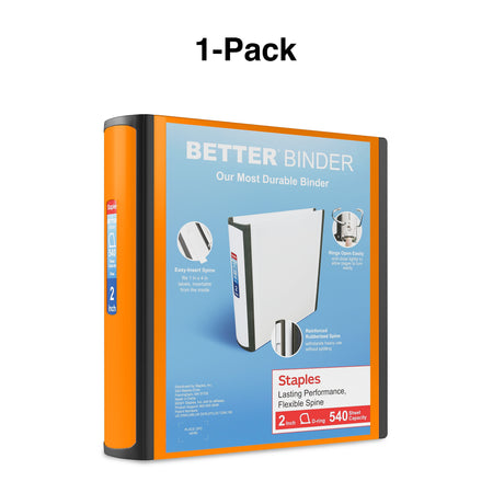 Staples 2" 3-Ring Better Binder, Slant Ring, Bright Orange