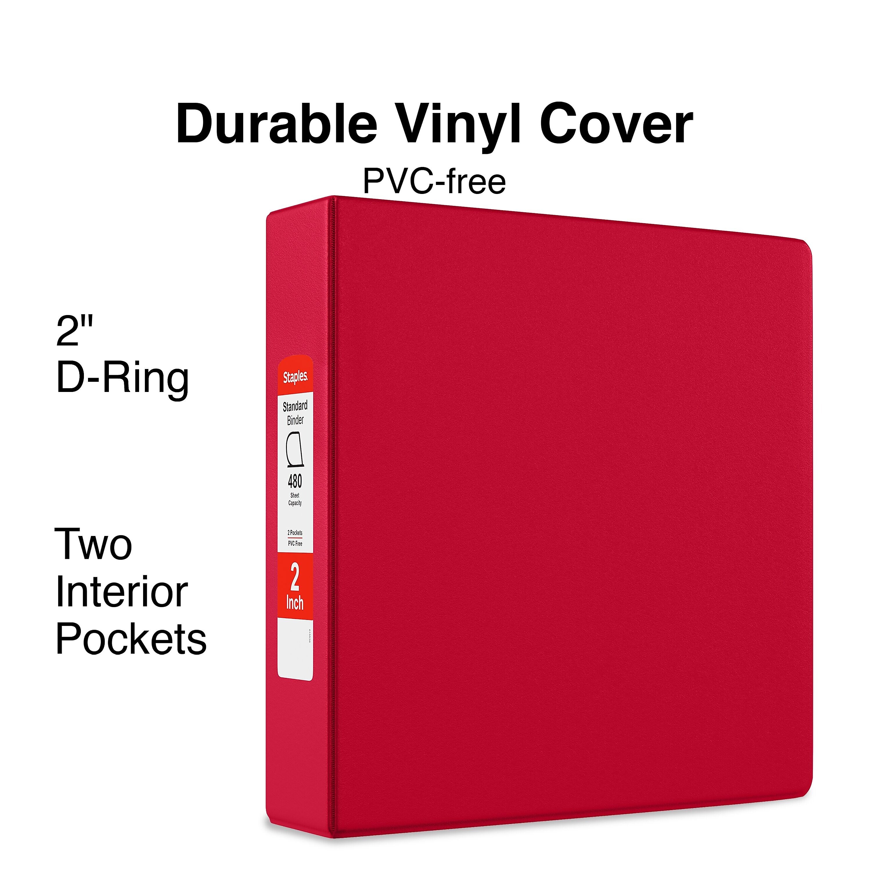 Staples 2" 3-Ring Non-View Binder, D-Ring, Red