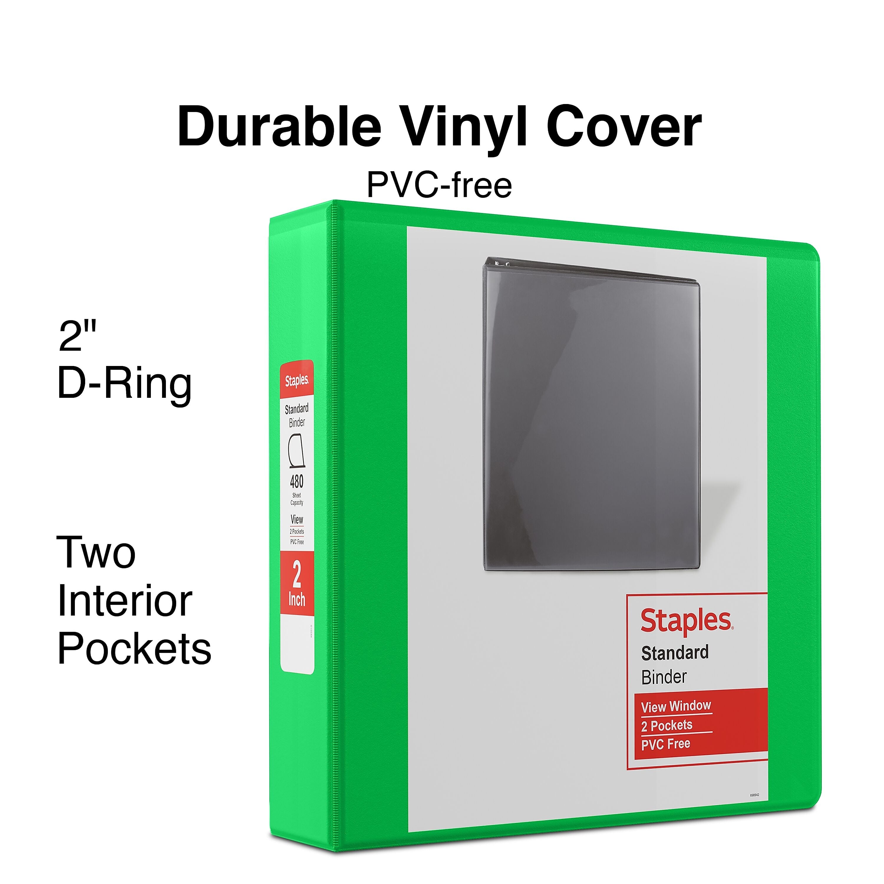 Staples 2" 3-Ring View Binder, D-Ring, Green