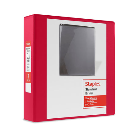 Staples 2" 3-Ring View Binder, D-Ring, Red