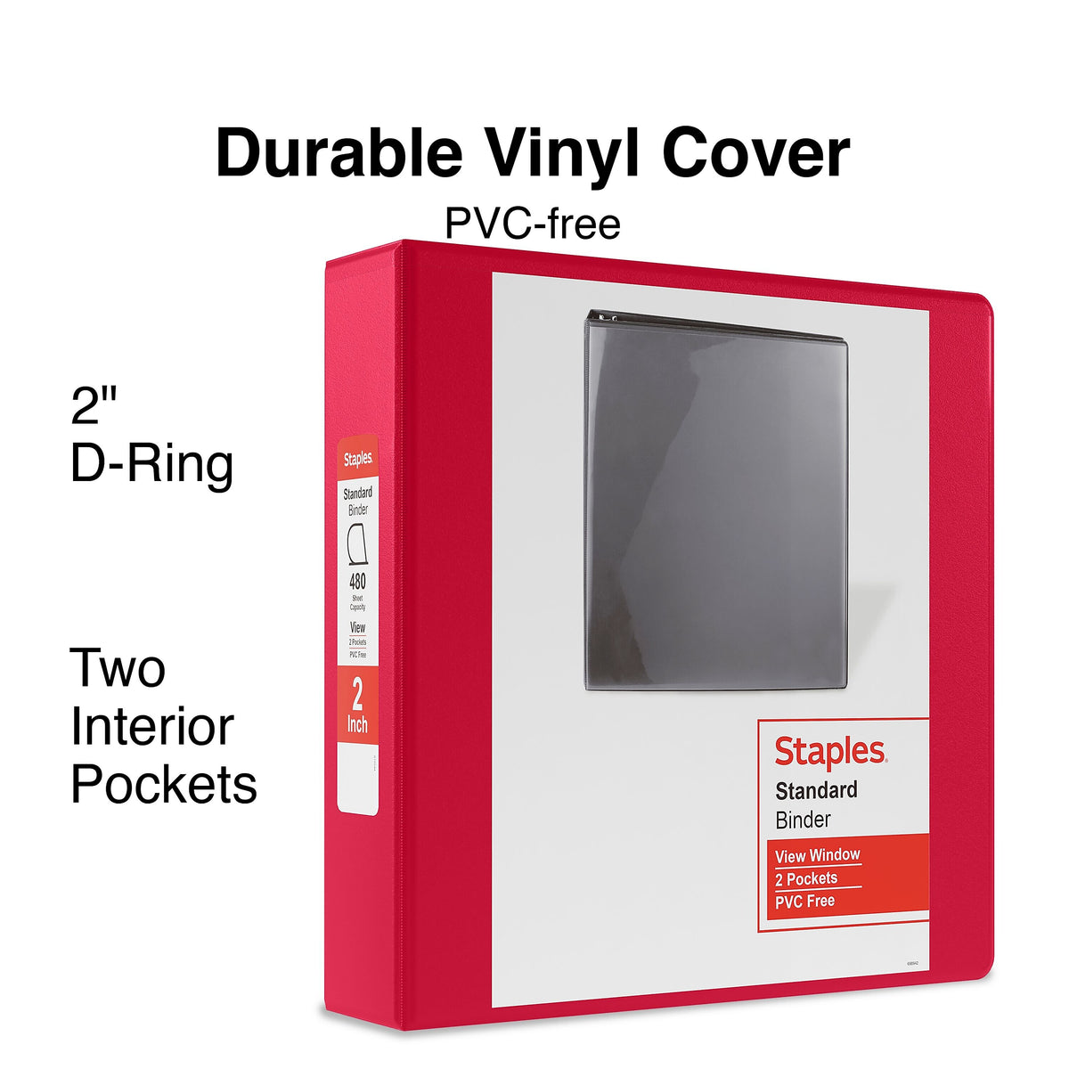 Staples 2" 3-Ring View Binder, D-Ring, Red