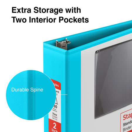 Staples 2" 3-Ring View Binder, D-Ring, Teal