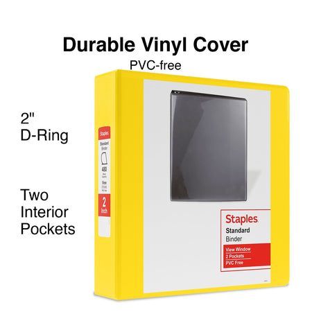 Staples 2" 3-Ring View Binder, D-Ring, Yellow