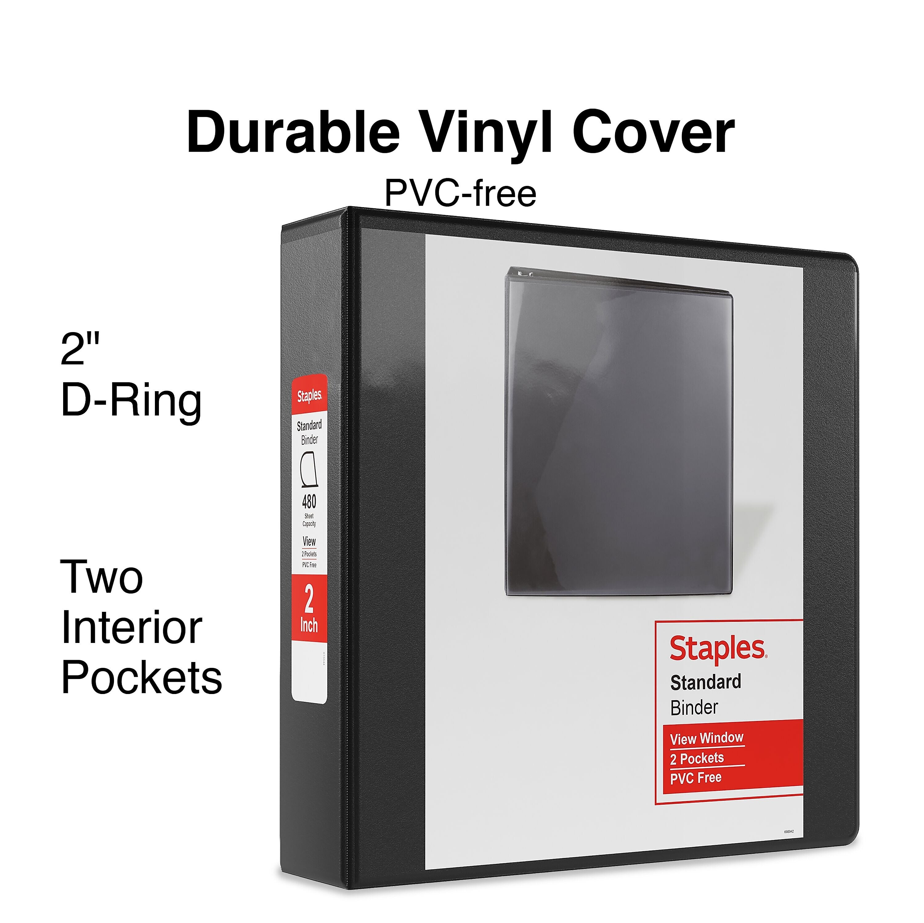 Staples 2" 3-Ring View Binders, D-Ring, Black, 6/Pack