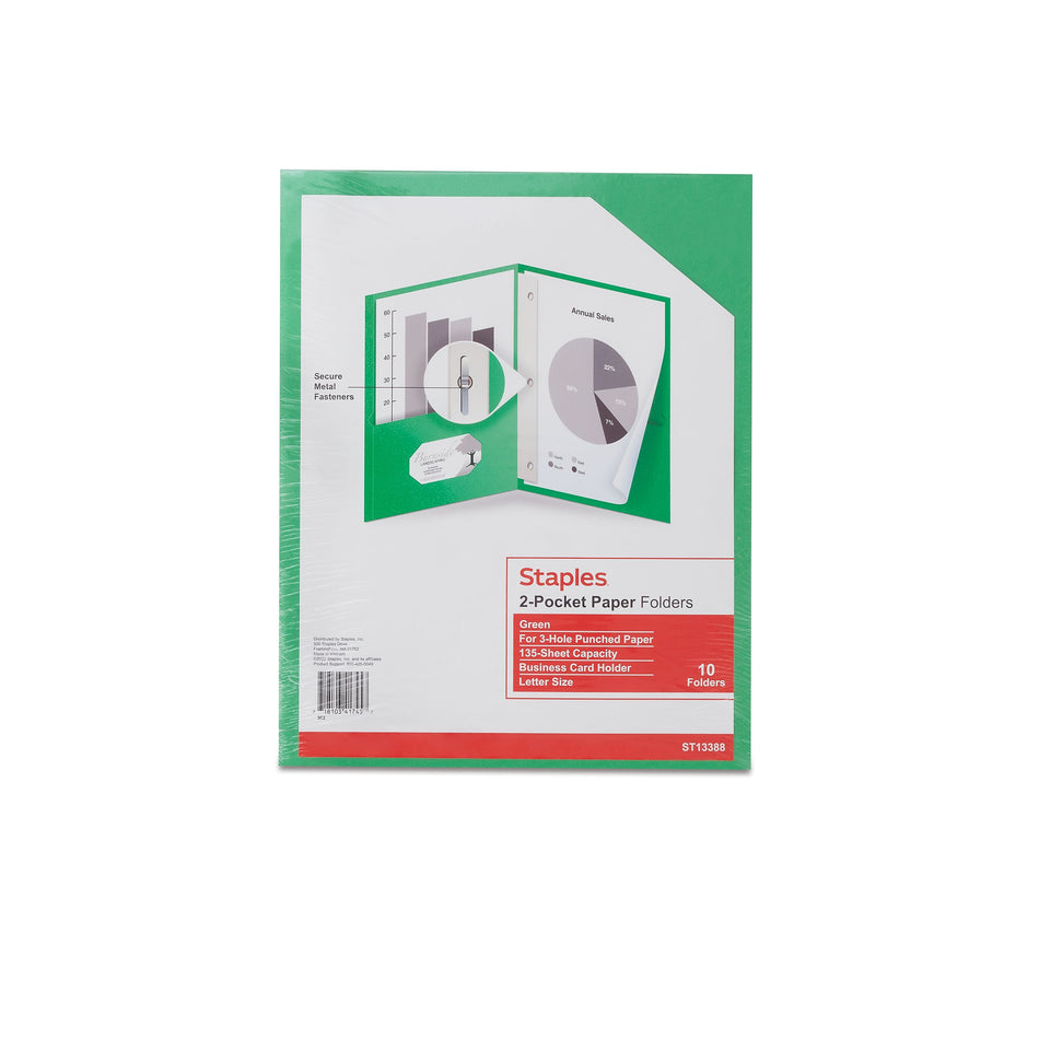 Staples 2-Pocket Folders with Fasteners, Green, 10/Pack