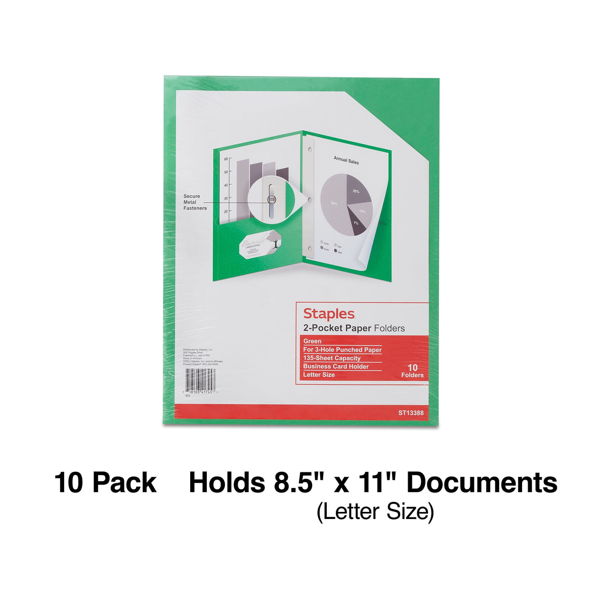 Staples 2-Pocket Folders with Fasteners, Green, 10/Pack